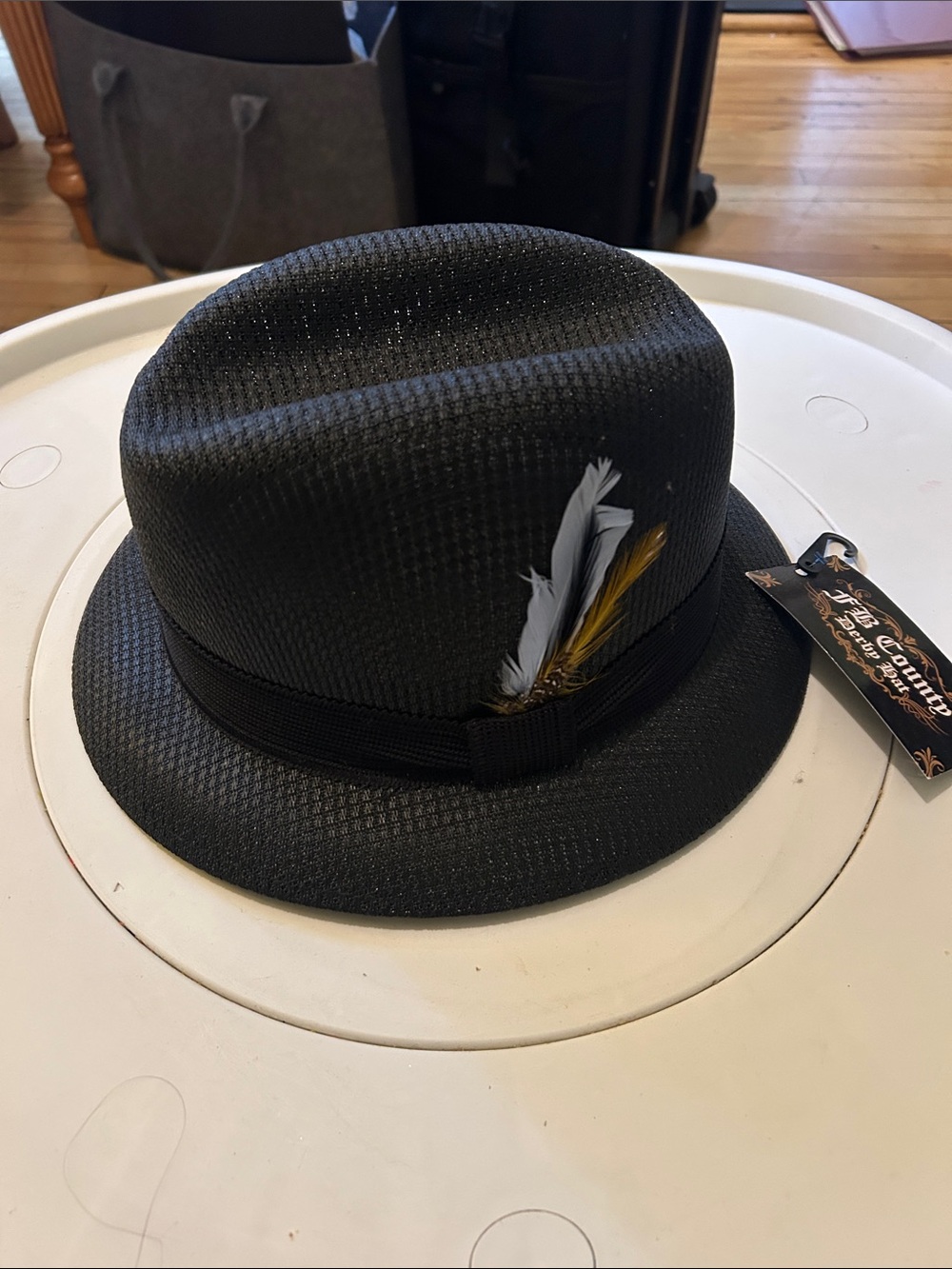 Classic Black Straw Fedora with Feather Accent - Men